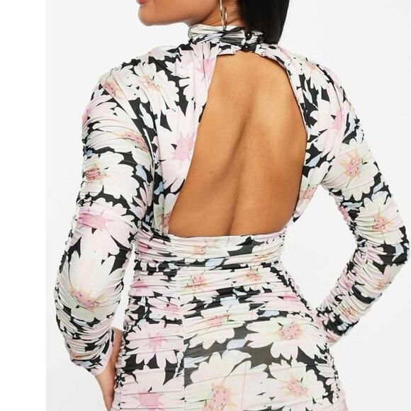 ASOS DESIGN Long Sleeve Ruched Front Keyhole Mini Dress Floral Print - Sz 6 NWT - Picture 2 of 3